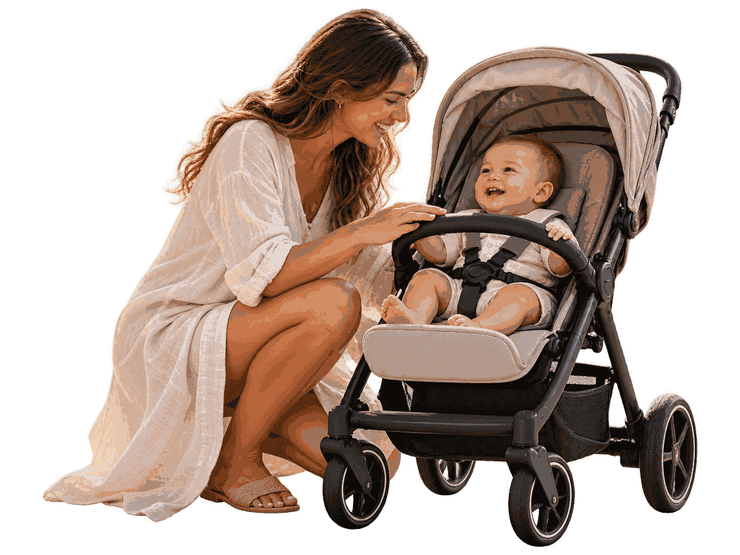 Mother and baby using a stroller in Bali