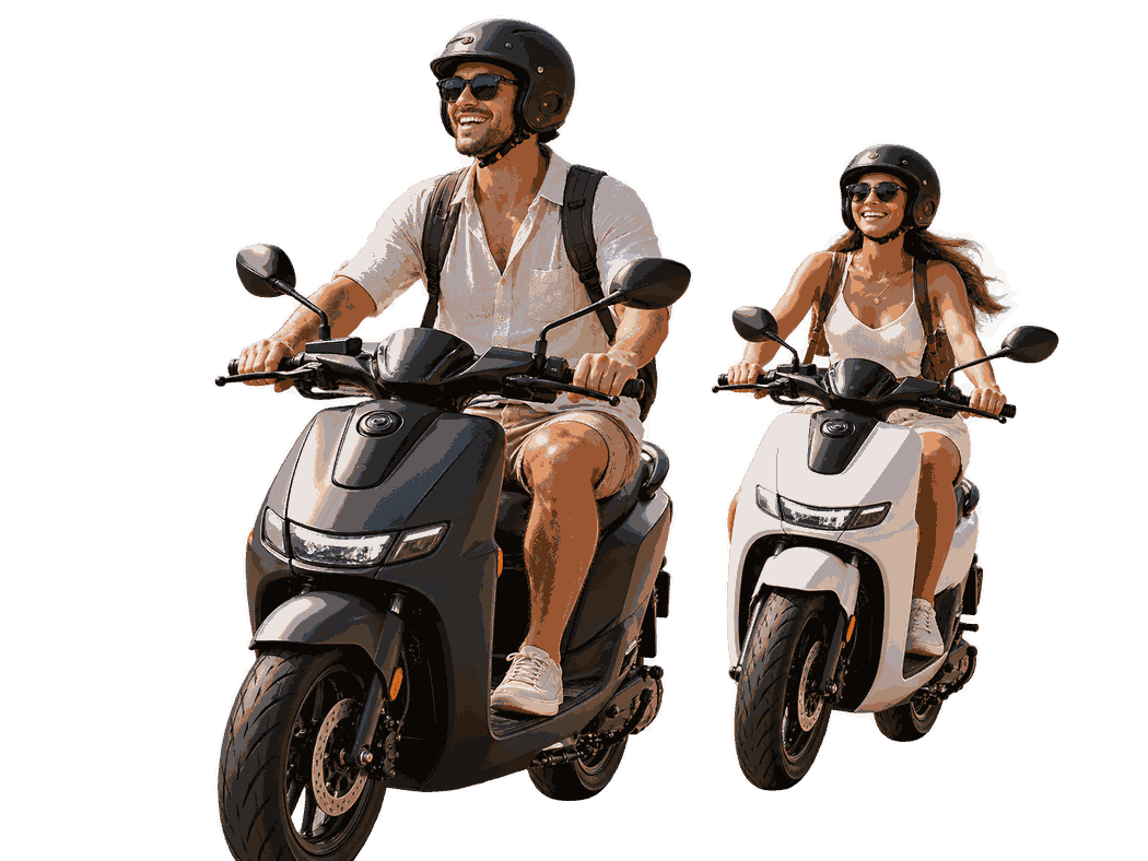 Couple riding scooters during a Bali holiday